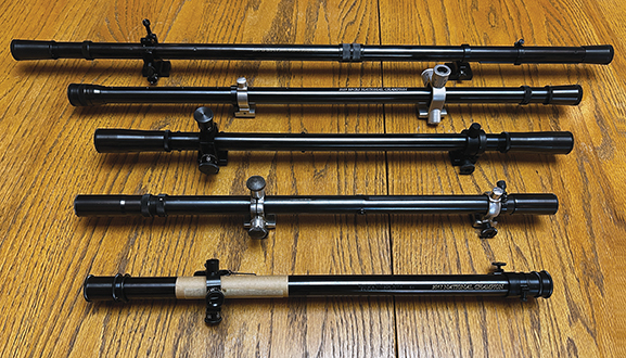 From top to bottom: MVA full-length scope with Malcolm mounts, MVA “A” scope with Unertl-type mounts, DZ Arms scope, Unertl Small Game scope and MVA Winchester “B” series scope.
